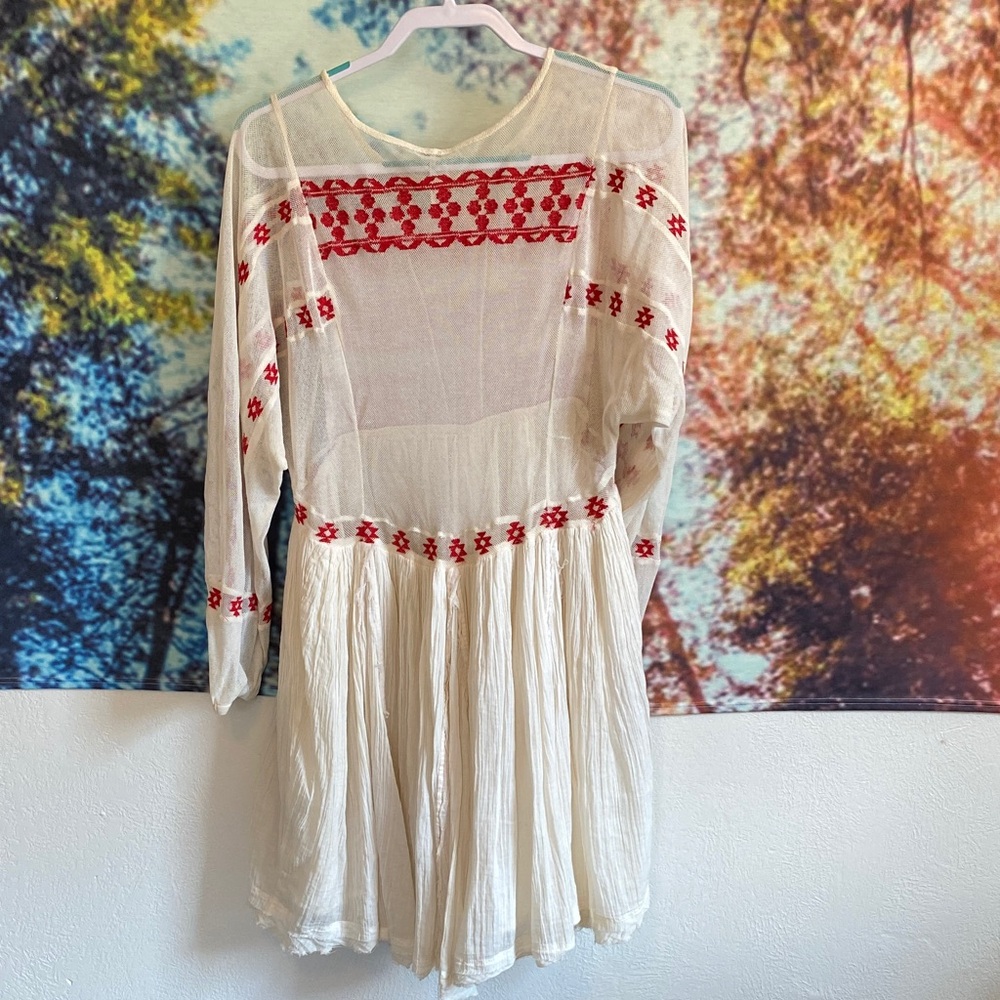 Free People Cream and Red Embroidered sheer Long Sleeve Dress - Picture 8 of 16